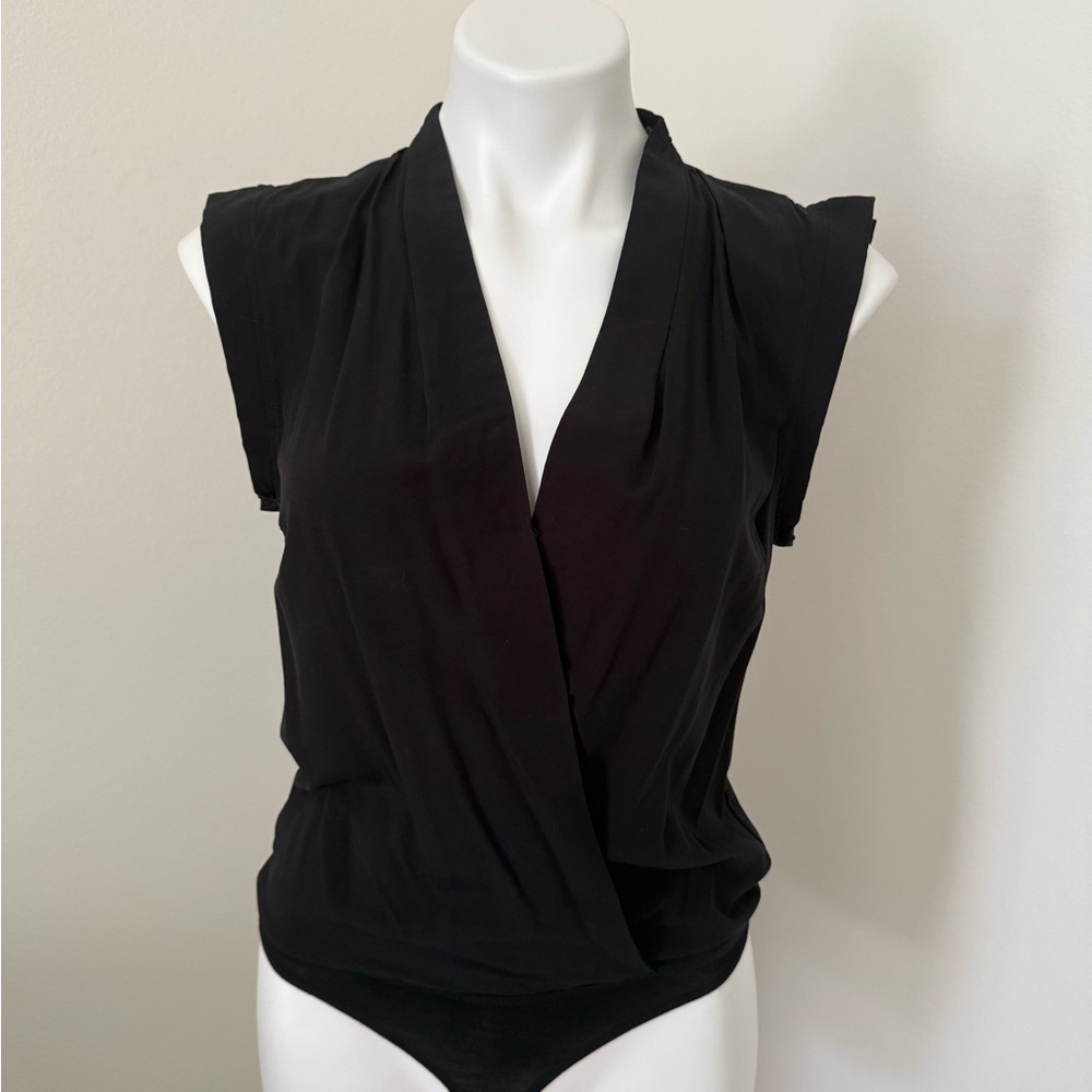 Lamarque Bodysuit Wrap Top Black Cap Sleeve Small NWT